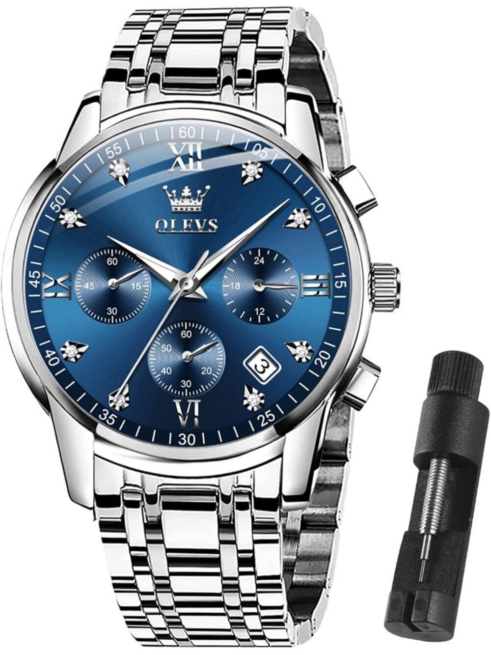 Olevs Men All Silver And Blue Multifunction Waterproof Luminor Chronograph Watch